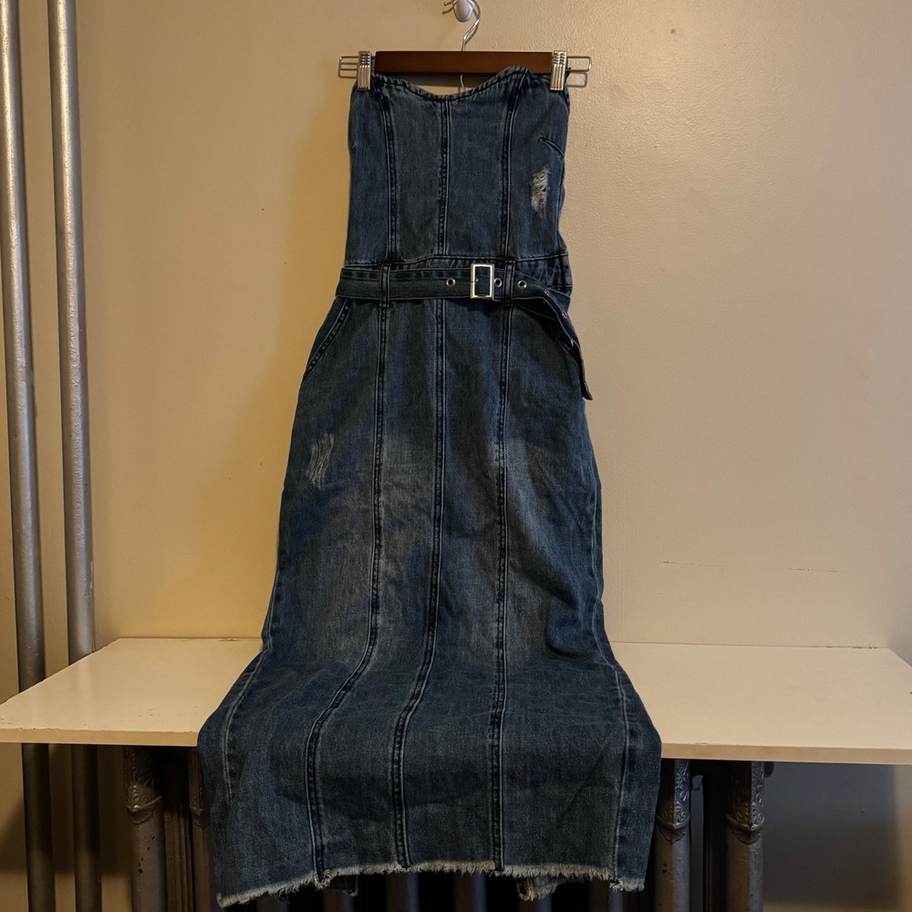 Fashion Nova Women's Sz M Denim Strapless Tube Dress Distressed NWT Fall Grunge